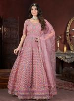 Net Peach Ceremonial Wear Embroidery Work Readymade Gown With Dupatta